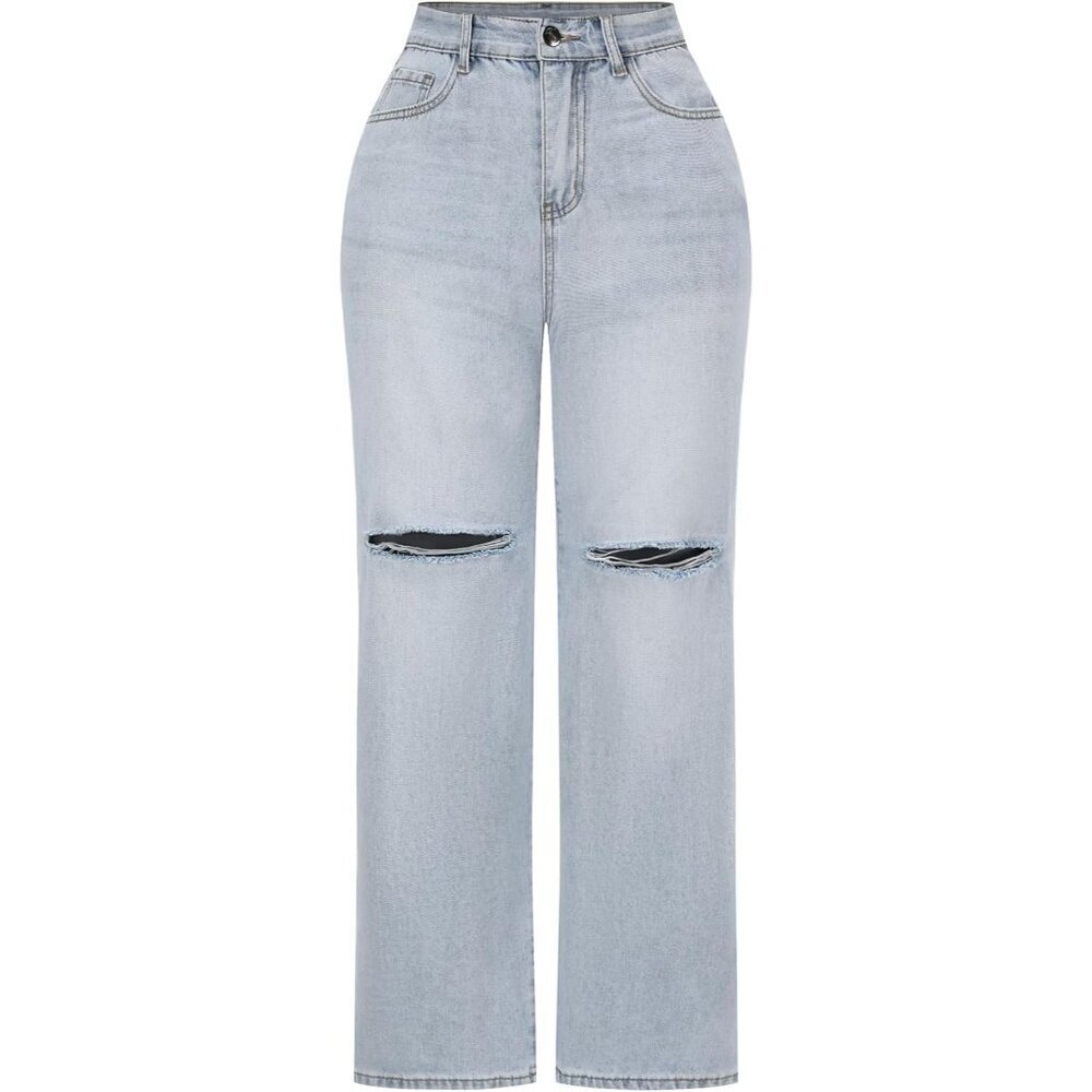 Womens High Waisted Wide Leg Jeans Stretchy Distressed Denim Pants